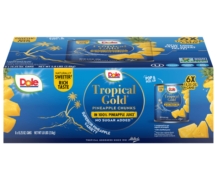 Dole Tropical Gold Pineapple Chunks in 100% Pineapple Juice – 15.25 oz 6 Cans
