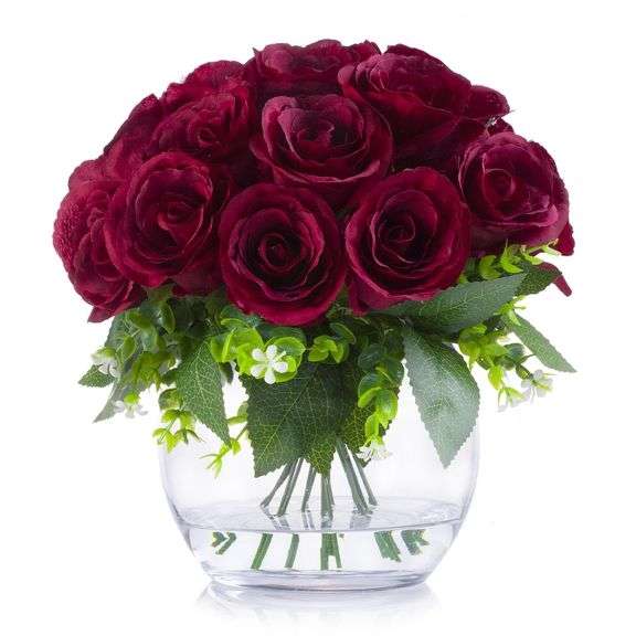 Artificial Silk Open Roses Fake Flowers Bouquet with Clear Glass Round Vase