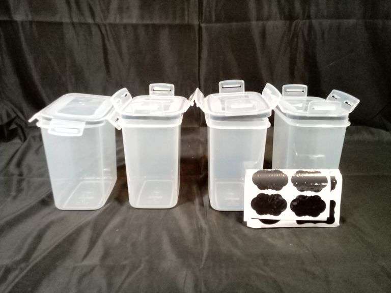 Lot of 4 Airtight Clear Plastic Food Storage Containers w/Lids & Label Stickers