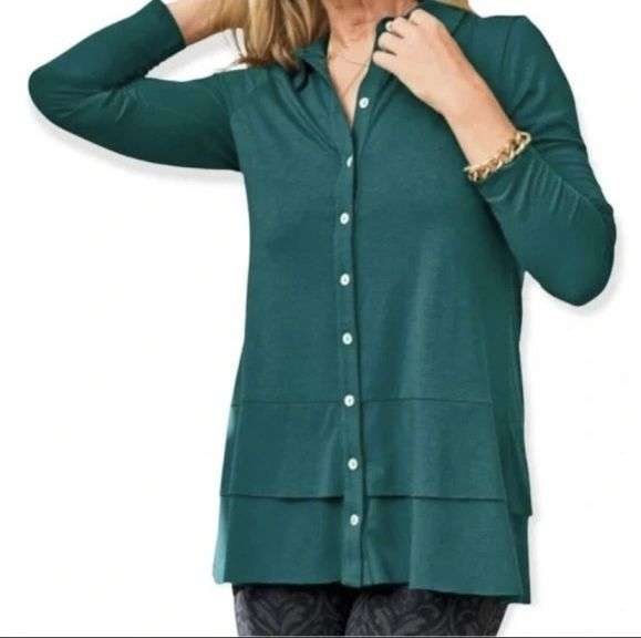 Soft Surroundings Shirt Womens 5/6 Teal Green Cettina Tunic Layered Hem
