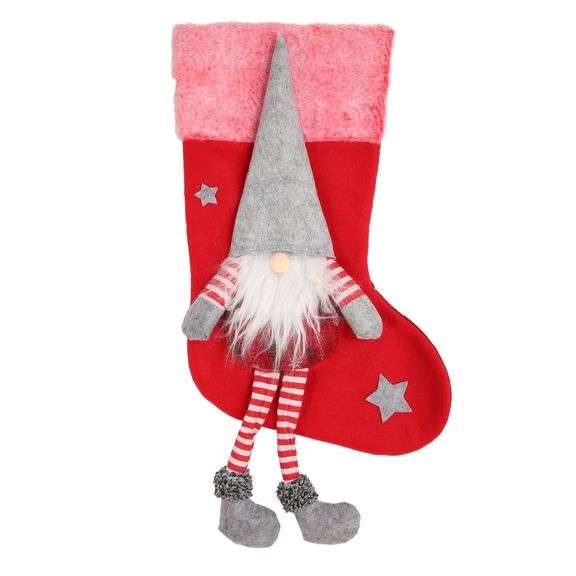 Decorative Gnome Christmas Stocking – Red/White/Grey 17"