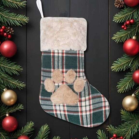Lot of 2 Fluffy Red-Green Plaid Paw Christmas Stockings – 2 Piece