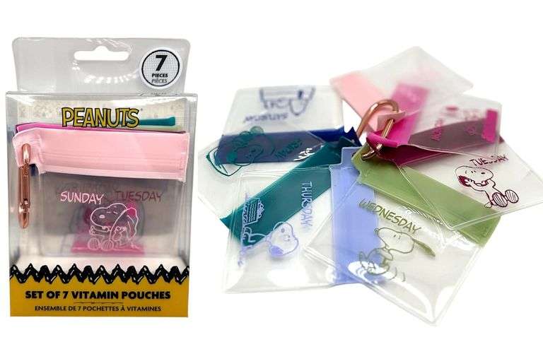 Lot of 2 Peanuts Vitamin Organizing Pouches – Set of 7 each 3" x 3"