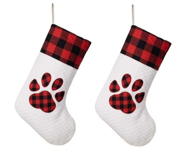 Lot of 2 Buffalo Check Paw Print Christmas Stockings – Red/White