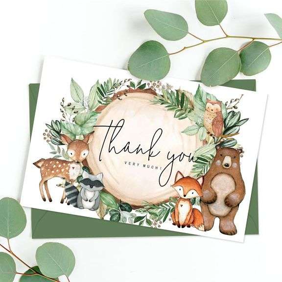 JarThenaAMCS Woodland Thank You Cards with Envelopes & Stickers – 50 Pcs