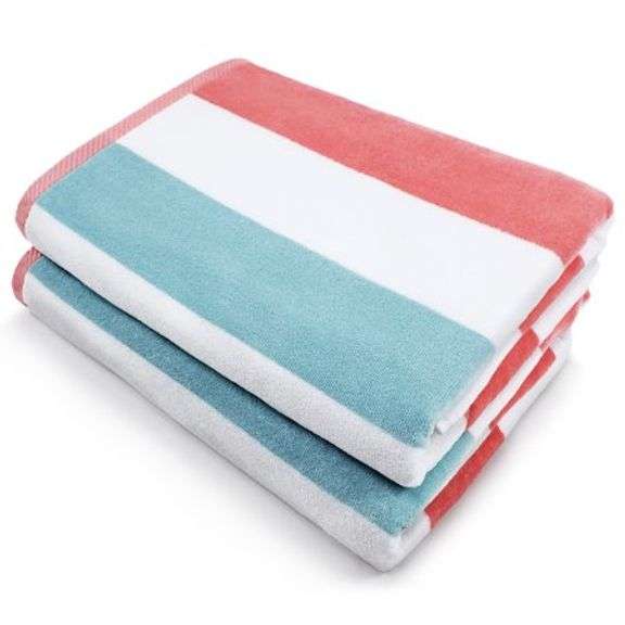 Lot Of 4 Kaufman, Oversized Cotton Beach Towels, Coral/Sea Glass, 2 Pack