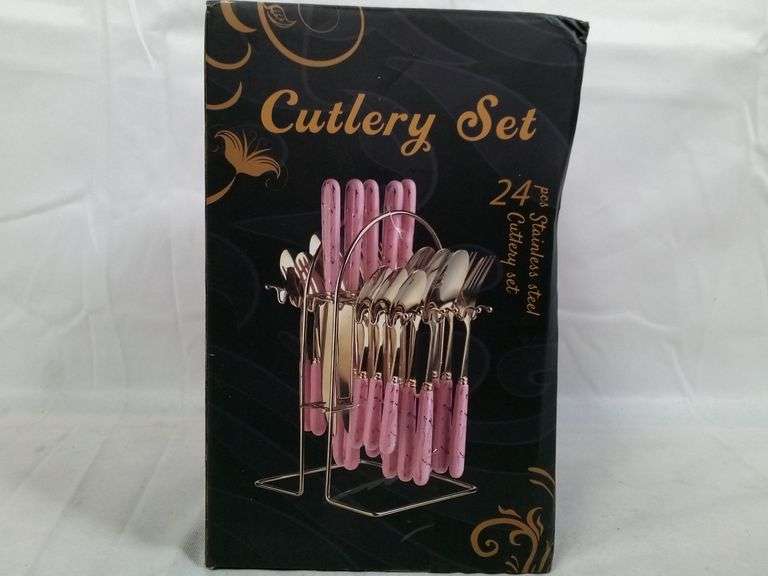 Plastic Handle Stainless Steel Spoon Fork & Knife Cutlery Set – Gold/Pink 24 Pcs