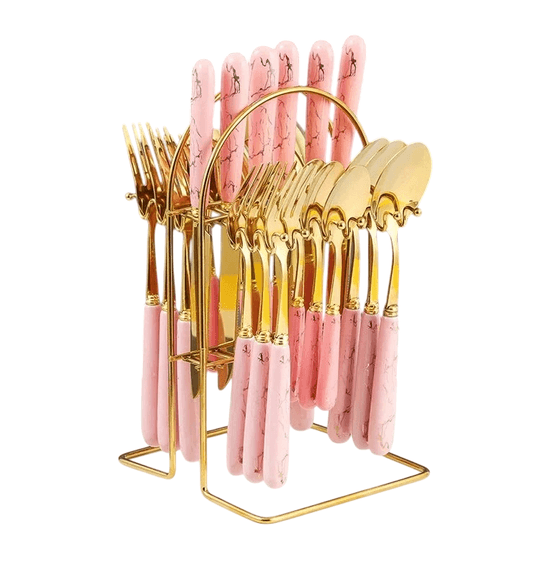 Plastic Handle Stainless Steel Spoon Fork & Knife Cutlery Set – Gold/Pink 24 Pcs