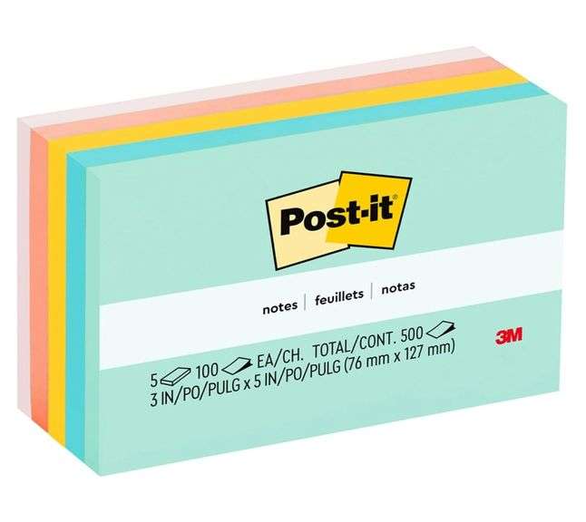 3M Post-it Notes – 3" x 5" 100 Count ea. 5 Pads (500 Total Count)