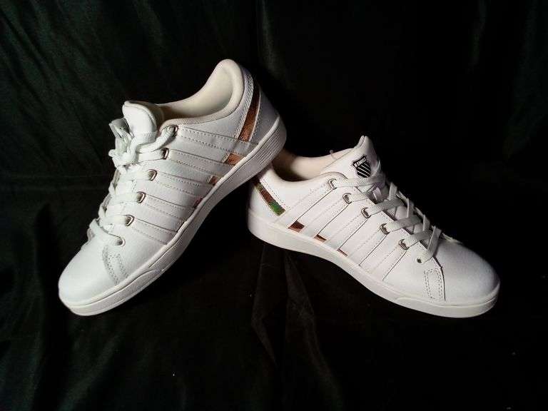 K-Swiss, Ramli Court Women's Leather Iridescent Athletic Sneakers, White, Size 7