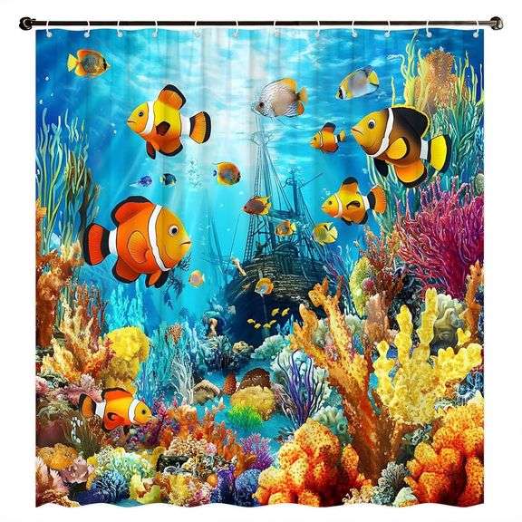 Ocean Shower Curtain Tropical Coral Fish And Sailboat Design, 70" x 70"