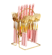 Plastic Handle Stainless Steel Spoon Fork & Knife Cutlery Set – Gold/Pink 24 Pcs