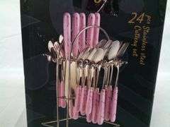 Plastic Handle Stainless Steel Spoon Fork & Knife Cutlery Set – Gold/Pink 24 Pcs