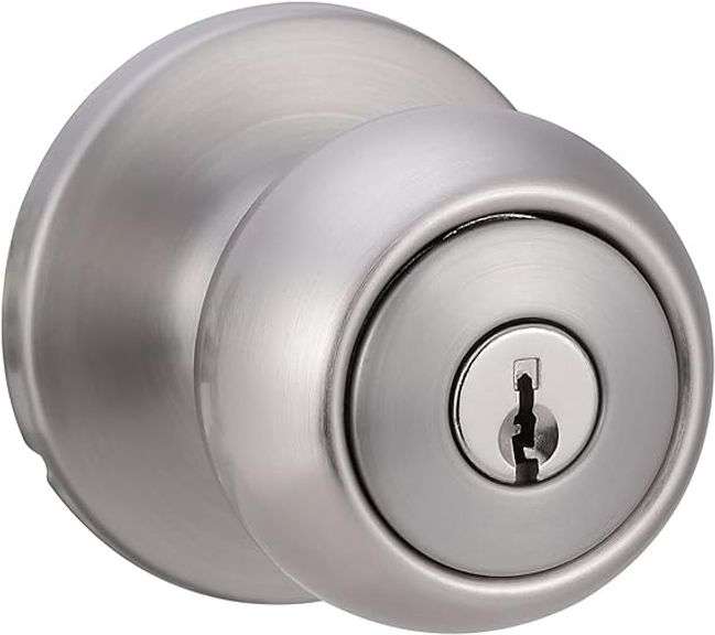 Amazon Basics, Entry Door Knob With Lock, Coastal, Satin Nickel