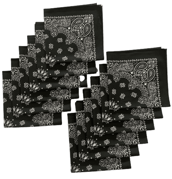 Set of 12 Bandanas, Black, Paisley, 22"x22", 100% Cotton (4 packs of 3 bandanas)
