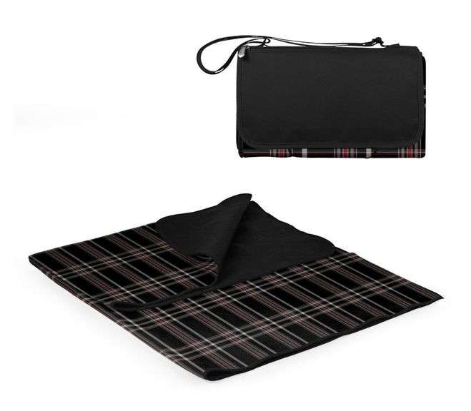 Oniva Brand Outdoor Blanket Tote with Water-Resistant Underside – Black Tartan