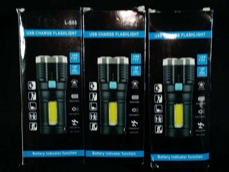 Lot of 3 USB Charge Camping Flashlight – Black/Silver L-S03