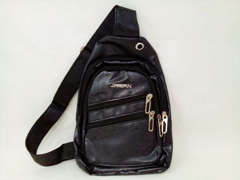 Cross Body Sling Backpack, Faux-Leather, Black, Men's, 3 compartments