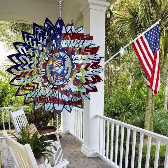 American Flag Sunflower Gnome Statue of Liberty Wind Spinner – 12" Dia.