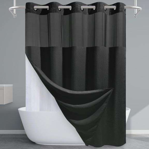 EUTXL, Fabric Shower Curtain With Snap-in Liner, Black, 71"W x 74"H