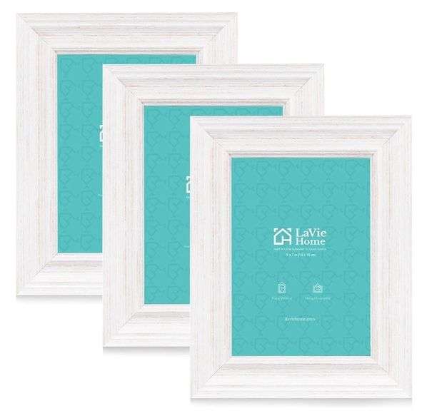 LaVie Home, Picture Frames, Distressed White Wood Grain, 5" x 7", Set Of 3