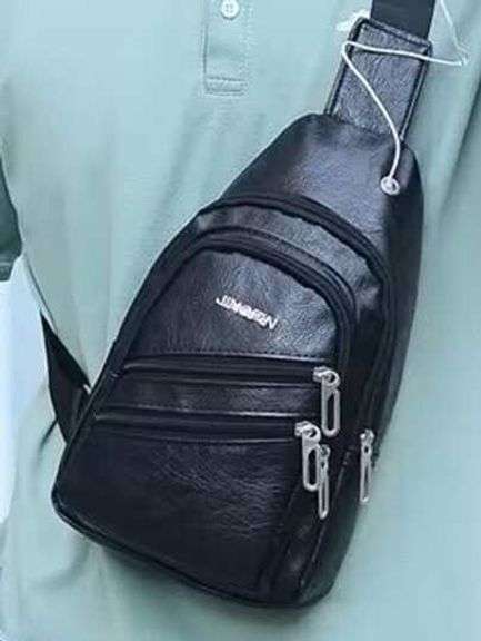 Cross Body Sling Backpack, Faux-Leather, Black, Men's, 3 compartments