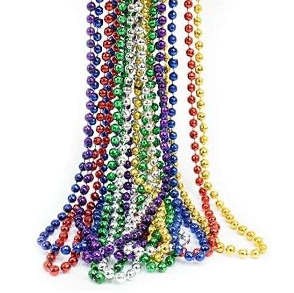 Round Bead Metallic Mardi Gras Beads – 33" 6 Colors, 1 Gross Per Bag