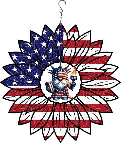 American Flag Sunflower Gnome Statue of Liberty Wind Spinner – 12" Dia.