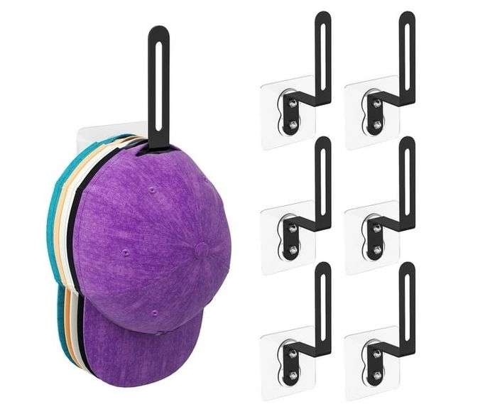 Xigoo Wall Mounted Adhesive Hat Hooks, Hat Racks – Black 6 Pcs