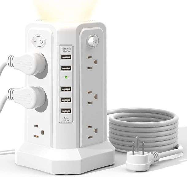 Multi-Socket Power Strip Tower w/USB Ports and Night Light – White XT-U3011
