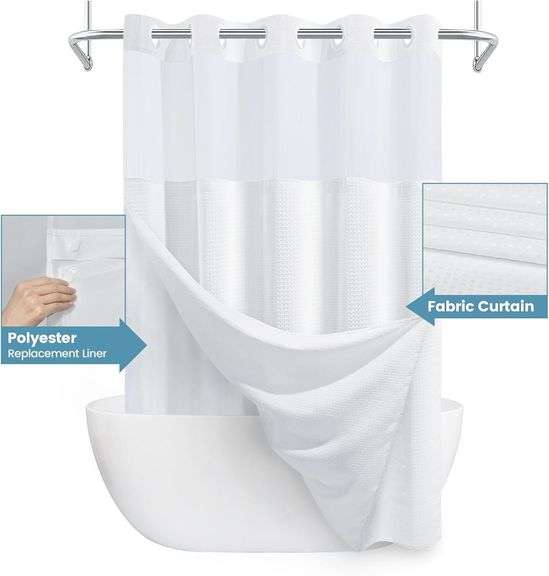EUTXL Fabric Shower Curtain with Snap-in Liner – White 71W x 74H