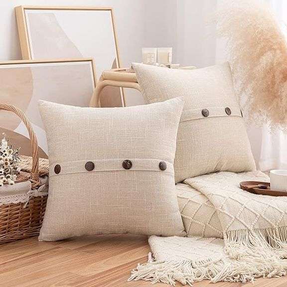 Lot of 4 Burlap Linen Throw Pillow Covers with Buttons – Beige