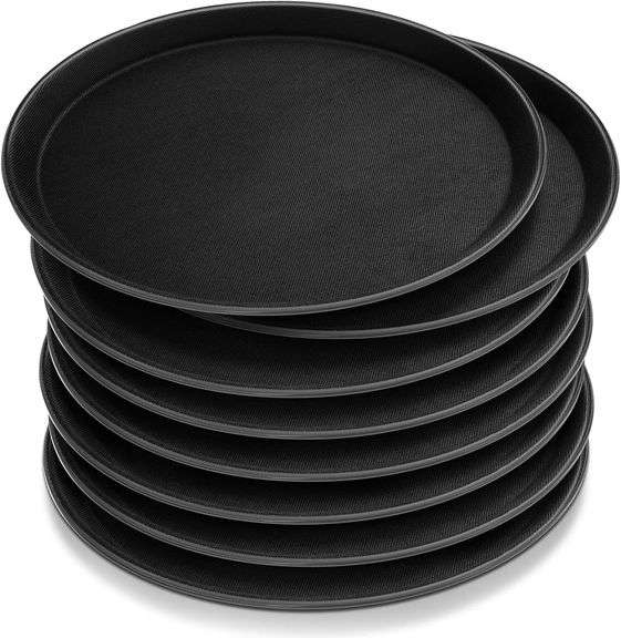 Round Plastic Non-Slip Serving Tray – Black 8 Count
