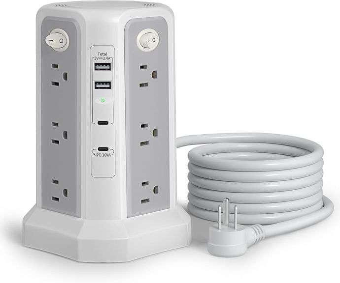 Passus Multi-Socket Power Strip Tower w/USB Ports & Night Light