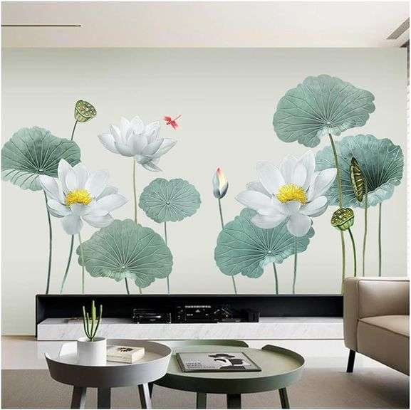 Huge Wall Decal, Lotus Flower & Dragonfly, Peel & Stick, Removable, 71"x35",