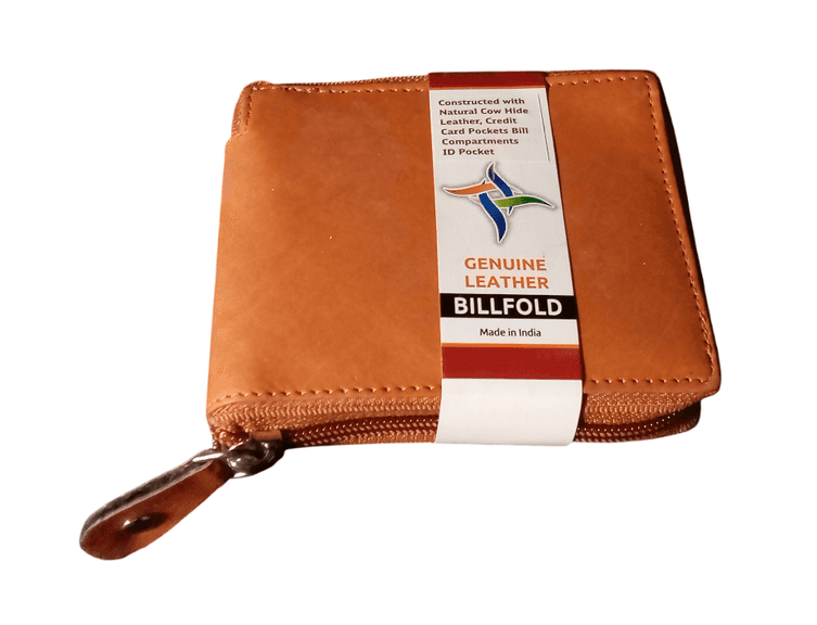 Billfold Natural Cow Hide Genuine Leather Card Holder Zipper Wallet