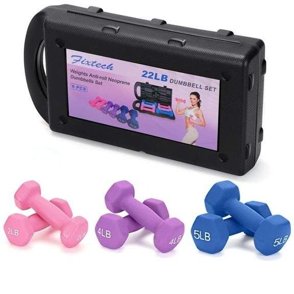 Fixtech Weights Anti-Roll Neoprene Dumbbells Set – 22lb (2, 4, 5 lb) 6-Pcs