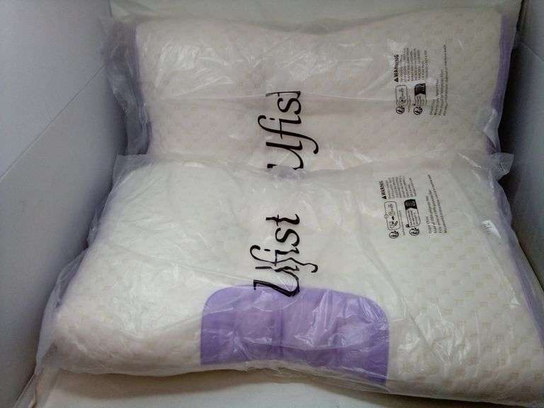 Lot of 2 Ufist Memory Foam Pillows, Ergonomic, Cream/Lilac, Standard 27"x17"