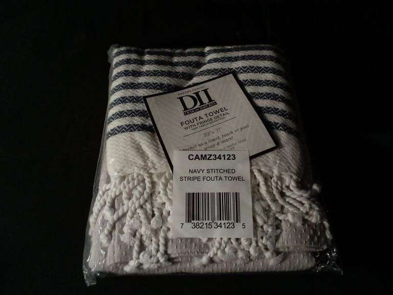 DII Navy Stitched Stripe Fouta Towel with Fringe Detail – 39" x 71"