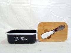 Stainless Steel Butter Container with Wooden Lid & Knife
