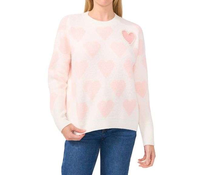 Vince Camuto, Crewneck Heart Sweater, Pink, Large