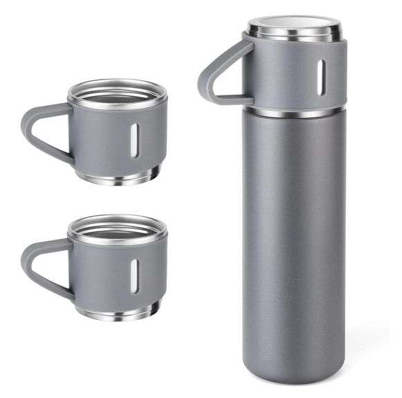 Stainless Steel Vacuum Flask Set – 2 Cups & Vacuum Bottle 500ml