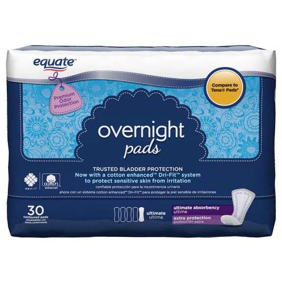Women's Equate Overnight Contoured Pads – Ultimate Absorbency 30 Count