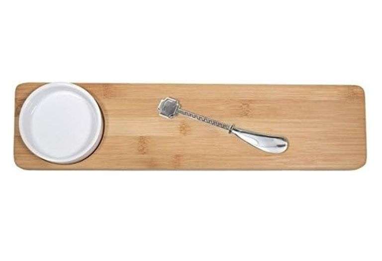 KitchenWorthy Appetizer Set – Bamboo Platter Ceramic Bowl & Metal Knife 3-Piece