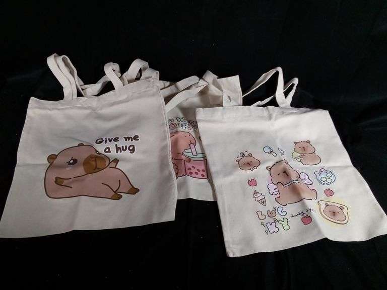 Assortment of 3 Capybara Canvas Tote Bags – 13.5"W