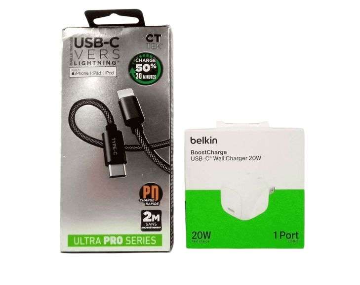 Assortment of 2 Belkin BoostCharge Wall Charger & CT TEK USB-C Cable Charger