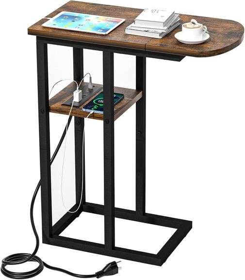 C-Shaped End Table with Charging Station – Brown 28.5" x 12" x 20"