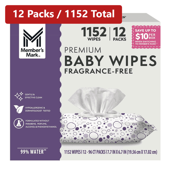 Member's Mark Premium Fragrance-Free Baby Wipes, 12 Packs of 96 (1,152 Wipes)