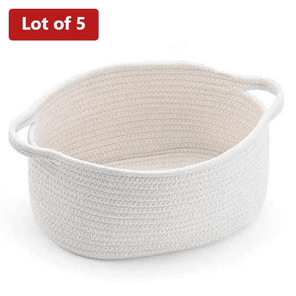 Woven Cotton Rope Storage Basket Set with Handles, White and Beige 5-Piece