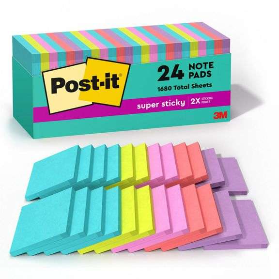 Post-it Super Sticky Notes Supernova Neons, 3 x 3 in, 24 Pads, 70 Sheets per Pad
